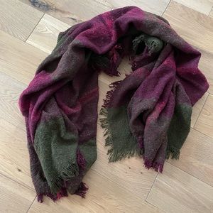 Super Soft Burgundy and Green Plaid Scarf with Fringe